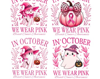 In October We Wear Pink Png Bundle, Breast Cancer Awareness Png, Retro Breast Cancer Png, Pink Ghost png, Halloween PNG,pink coquette ribbon