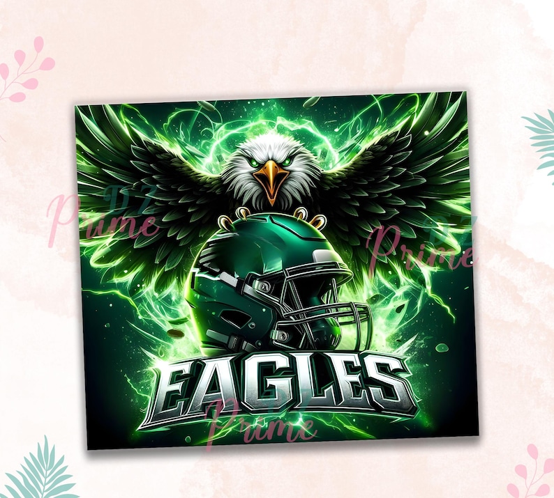 May include: A green and black eagle with its wings spread wide, holding a green and black football helmet. The helmet has a white face mask and the word "EAGLES" is written in white letters on a green background.