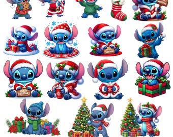 Paquete PNG de Stitch navideño, archivo PNG de diseño digital en acuarela para sublimación, imágenes prediseñadas de Stitch transparentes, descarga digital.