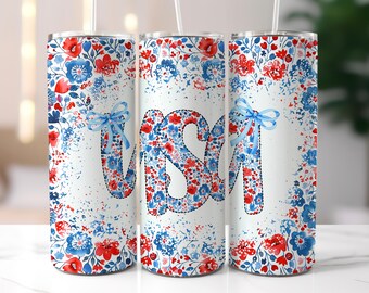 Coquette USA Tumbler Wrap, Cute American Girly png, 20oz Skinny Tumbler Sublimation Design, USA Bow Design, Floral usa Tumbler Wrap PNG