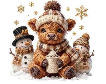 Crochet Yarn Christmas Highland Cow Png, Snowman Png, Crochet Animal Clipart, Hot Cocoa Png, Winter Png, T-Shirt Design, Digital Download
