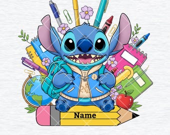 Custom Name Back To School PNG, Cute Cartoon Character Png, Happy Back To School Png,Blue Alien Character Png,School Bundle Png,Digital File