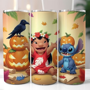 Stitch Lilo Halloween 20oz Skinny Tumbler wrap, Stitch Spooky Vibes, Cartoon Halloween tumbler Sublimation design, Horror Couple Tumbler png