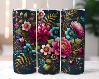 Dark floral 20oz Skinny Tumbler Sublimation Designs, pink Floral tumbler wrap png,Instant Digital Download Only