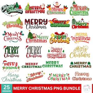 Puede incluir: Una colección de 25 diseños de "Feliz Navidad". Los diseños presentan texto festivo, árboles de Navidad, Papá Noel y elementos decorativos en rojo, verde y dorado. La parte inferior de la imagen dice "MERRY CHRISTMAS PNG BUNDLE".
