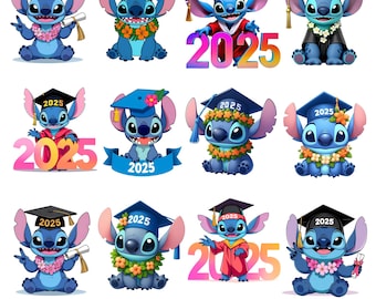 Stitch Graduation 2025 PNG, 12 high-resolution images, Graduation Clipart, Class of 2025, Cute Stitch Graduation Clipart, Png format
