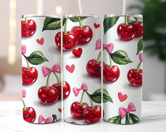 Cherry Bow Valentine Tumbler Wrap, Pink Bow 20oz Skinny Sublimation Design Romantic Watercolor Hearts,Trendy Tumbler PNG, Digital Download