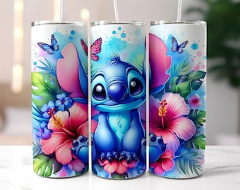 Vaso de acuarela con diseño floral de puntada mágica, vaso delgado de 20 oz con diseño de sublimación, envoltura para vaso con diseño floral de puntada, archivo digital PNG