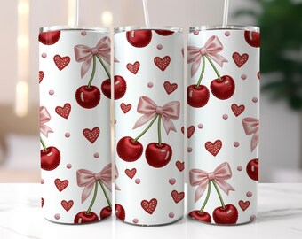 Cherry Bow Valentine Tumbler Wrap, 20oz Skinny Sublimation Design, Romantic Watercolor Hearts PNG, Faux Embroidery design, Digital Download
