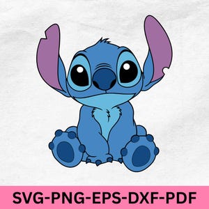 Könnte beinhalten: Ein blauer Cartoon-Charakter mit großen schwarzen Augen, großen Ohren und einem hellblauen Körper. Die Figur sitzt mit Armen und Beinen vor sich. Das Bild enthält den Text "SVG-PNG-EPS-DXF-PDF" in einem rosa Banner.