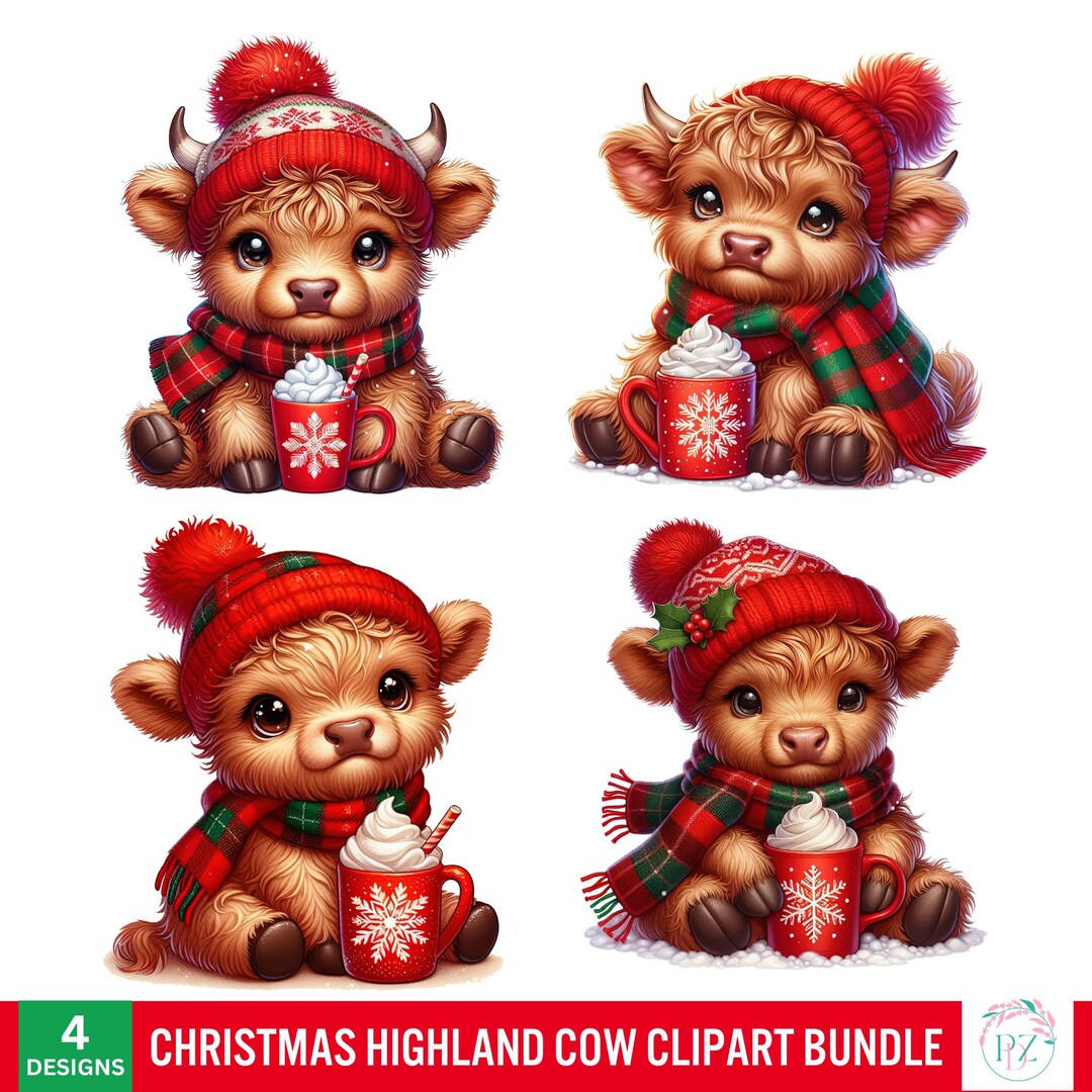 Christmas Highland Cow PNG BUNDLE, Cozy Winter Calf With Cocoa ...