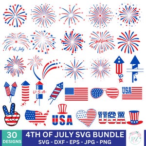 May include: A collection of red, white, and blue Fourth of July-themed graphics. The designs include fireworks, American flags, sunglasses, and the text "USA". The image also includes the text "4th of July SVG Bundle" with 30 designs.