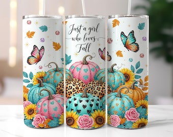 Fall Tumbler Wrap, 20oz Skinny Sublimation Tumbler Design, Pastel Pumpkin Just A Girl Who Loves Fall tumbler, Floral Fall Tumbler design png
