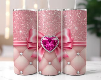 Half Soft Light Pink Glam 3d Tumbler Wrap, 20oz skinny tumbler Sublimation design, Luxury Bow & Gemstone Art, PNG Digital Download
