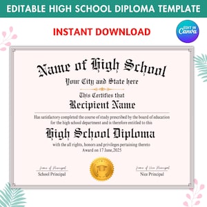 High School Diploma Template, Editable Home School Diploma, High School Diploma Template, Diploma Replica Template, Digital Download