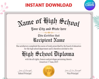 High School Diploma Template, Editable Home School Diploma, High School Diploma Template, Diploma Replica Template, Digital Download