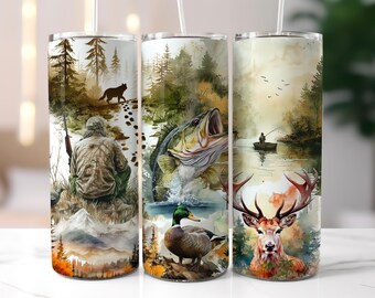 Mens Male Hunting 20oz skinny tumbler wrap png, Sublimation tumbler Template, Deer Bass Male Fishing Season Life, Dad Tumbler design