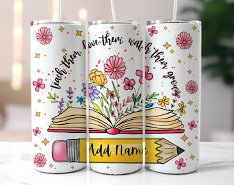Personalized Teacher 20 oz Skinny Tumbler Wrap, Custom  Floral Book Tumbler Sublimation Design, Teacher Appreciation Digital Download png