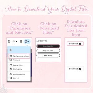 Puede incluir: Un gr&aacute;fico rosa con instrucciones sobre c&oacute;mo descargar archivos digitales. El texto dice "C&oacute;mo descargar tus archivos digitales". Los pasos incluyen hacer clic en "Compras y rese&ntilde;as", luego en "Descargar archivos" y, finalmente, en "Descargar" para acceder a los archivos.