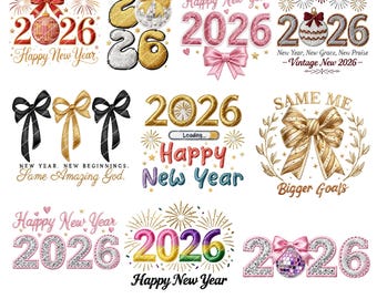 Pacote de imagens PNG para o Ano Novo de 2026, Laço de crochê com gancho em PNG, Design para sublimação de festa de Ano Novo, 12 novos capítulos, PNG de Ano Novo
