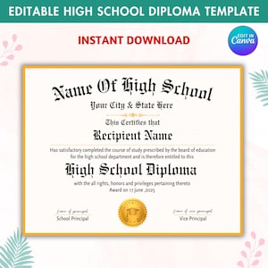 Editable High School Diploma Template, Home School Diploma, High School Diploma, Diploma Replica Template, Digital Download Template