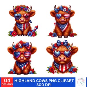 Watercolor Patriotic Highland Cows Clipart, 4 American Cows PNG Clipart, 4th of july Baby Cow Bundle, American Pride PNG, Digital Download