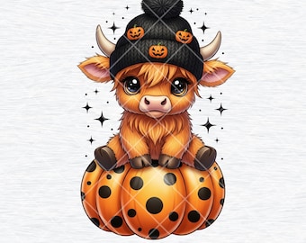 Cute Halloween Highland Cow Png, Trendy Cute Highland Cow Shirt Design, Pumpkin png, Spooky Season, Kids Halloween Clipart, Digital Download