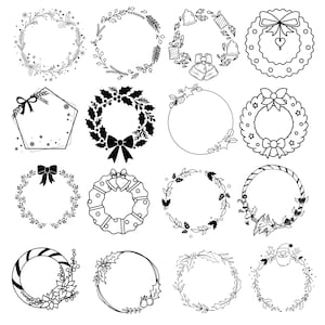 May include: A collection of sixteen black and white wreath designs. The wreaths feature various decorative elements, including bows, bells, holly, and floral patterns. Some wreaths have a circular shape, while others are pentagonal or have striped patterns.