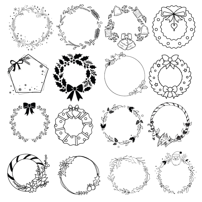 May include: A collection of sixteen black and white wreath designs. The wreaths feature various decorative elements, including bows, bells, holly, and floral patterns. Some wreaths have a circular shape, while others are pentagonal or have striped patterns.