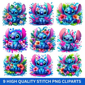 9 Stitch PNG Clipart, Lilo and Stitch, Stitch Floral PNG, High quality 300 dpi Sublimation Design PNG, t shirt design png, Digital Download
