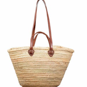 Straw Basket Bag with long and short chestnut leather handles. Handwoven in Morocco.