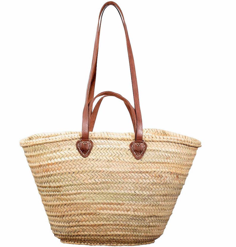 Straw Basket Bag with long and short chestnut leather handles. Handwoven in Morocco.