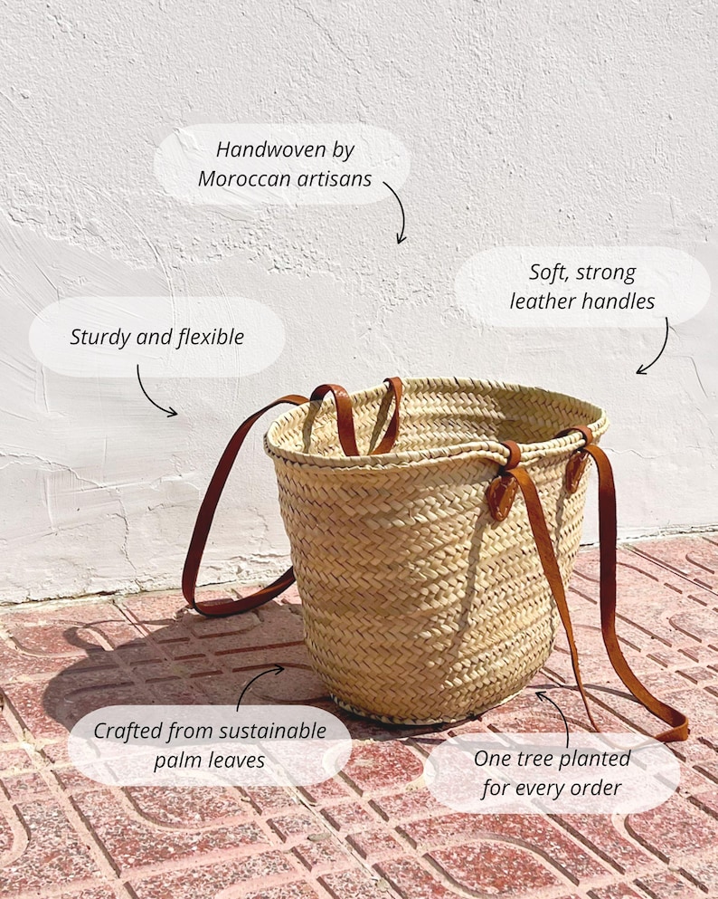 Long Leather Handle Straw Basket Bag, Beach Basket, French Style Market Basket, Straw Bag, French Market, Basket, grocery market bag