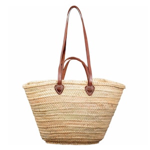 Straw Basket Bag with long and short chestnut leather handles. Handwoven in Morocco.
