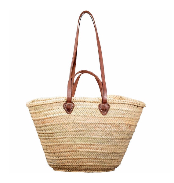 Handmade Moroccan Straw Basket Bag: Leather Handles Beach Tote