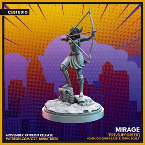 May include: A grey miniature figurine of an archer standing on a rocky base, holding a bow and arrow. The figure wears a hooded cloak and fitted armour. Text on the image includes C27STUDIO, MIRAGE, and 40mm on 35mm base & 75mm scale.