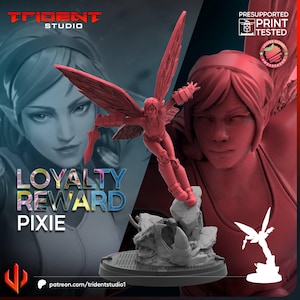 May include: A red 3D-printed Pixie figurine with large wings, posed mid-flight, on a detailed base. The image includes the text "LOYALTY REWARD PIXIE" and "PRINT TESTED". The Trident Studio logo is also visible.