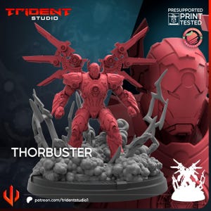 May include: A red Thorbuster figurine, a detailed model of a superhero, stands on a base with cloud-like formations and lightning bolt accents. The figurine has a mechanical design with wing-like structures. The text "THORBUSTER" is visible.