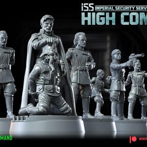May include: A collection of gray miniature figures, depicting military personnel in various poses. The figures are on individual bases and appear to be part of a tabletop game or collectible set. The text "RETALIATOR RAID" and "ISS HIGH COMMAND" are visible.