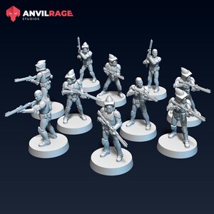 Może przedstawiać: Kolekcja miniaturowych figurek żołnierzy w futurystycznych zbrojach, z których każdy trzyma broń. Figurki są w neutralnym szarym kolorze i stoją na okrągłych podstawach. Logo AnvilRage Studios znajduje się w lewym górnym rogu.
