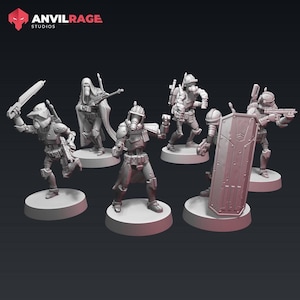 May include: A collection of detailed, gray miniature figurines of futuristic soldiers. Each figure is posed in action, some holding weapons, others with shields. The Anvilrage Studios logo is in the top left corner.