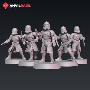Può includere: Cinque dettagliate action figure grigio chiaro di soldati in armatura futuristica, ognuna con una spada. Le figure sono su basi circolari su uno sfondo scuro. Il logo "ANVILRAGE STUDIOS" è in alto a sinistra.