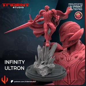 May include: A red Infinity Ultron figurine with a spear, cape, and crystal base. The figure is standing on a round, black base. The text "INFINITY ULTRON" is displayed below the figure.