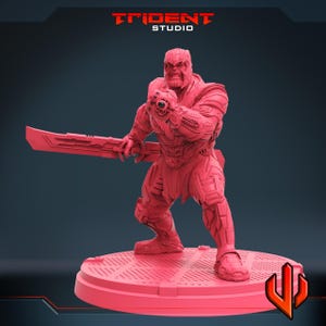 May include: A red figurine of Thanos, a character from the Marvel comics, holding a double-edged sword and a gauntlet. The figurine is standing on a round base with a logo. The Trident Studio logo is in the top left corner.