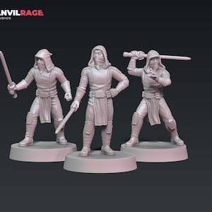 May include: Three light gray figurines of hooded figures holding swords. The figures are standing on circular bases. The Anvilrage Studios logo is in the top left corner.