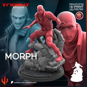 Peut inclure: Une figurine imprimée en 3D monochrome rouge représentant un personnage chauve en veste et pantalon tactiques, posé dynamiquement sur une base rocheuse. La figurine est étiquetée MORPH, avec la marque Trident Studio et un badge de test.