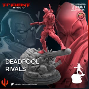 Op de afbeelding: Een rode 3D-geprinte Deadpool-figuur staat op een raket, met een pistool in de hand. De figuur staat tegen een achtergrond van een Deadpool-illustratie en de woorden "DEADPOOL RIVALS". De afbeelding bevat het Trident Studio-logo en de tekst "PRESUPPORTED PRINT TESTED".