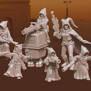 Pode incluir: Uma coleção de figuras em miniatura que retratam personagens em vestes com capuz e roupas futuristas, algumas com armas. As figuras estão em várias poses, sugerindo ação e aventura. Algumas figuras estão perto de um pequeno veículo quadrado com uma arma grande.