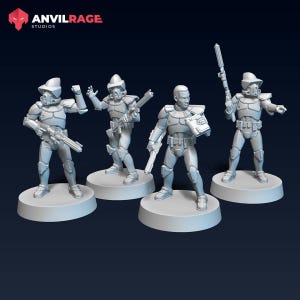May include: Four gray miniature figurines of soldiers in futuristic armor, each standing on a circular base. The soldiers are holding weapons and are in various action poses. The Anvilrage Studios logo is in the top left corner.