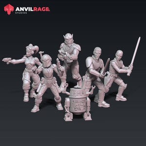 Könnte beinhalten: Eine Gruppe detaillierter, hellgrauer Figuren, die Science-Fiction-Charaktere darstellen. Die Figuren umfassen einen Droiden, mehrere Humanoide mit Waffen und den Text "ANVILRAGE STUDIOS" in Rot.